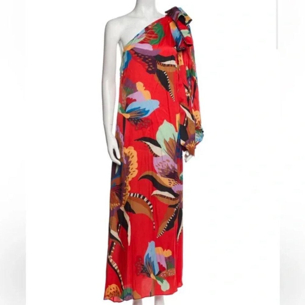 FARM Rio Red Lucy One Shoulder Dress | Size M | Statement Midi